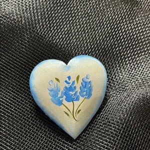 Hand-Painted Heart Brooch with Blue Flowers